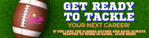 Picture of football on grass with words saying get ready to tack tackle your next career and That the station is looking for board operators. Click through the to get to an email that you can send it to apply for the job.